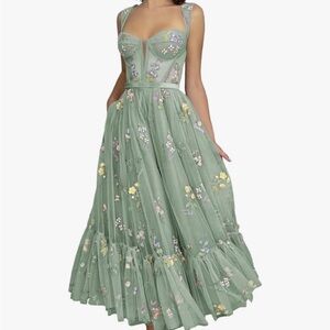 Green Floral Embroidered Midi Dress